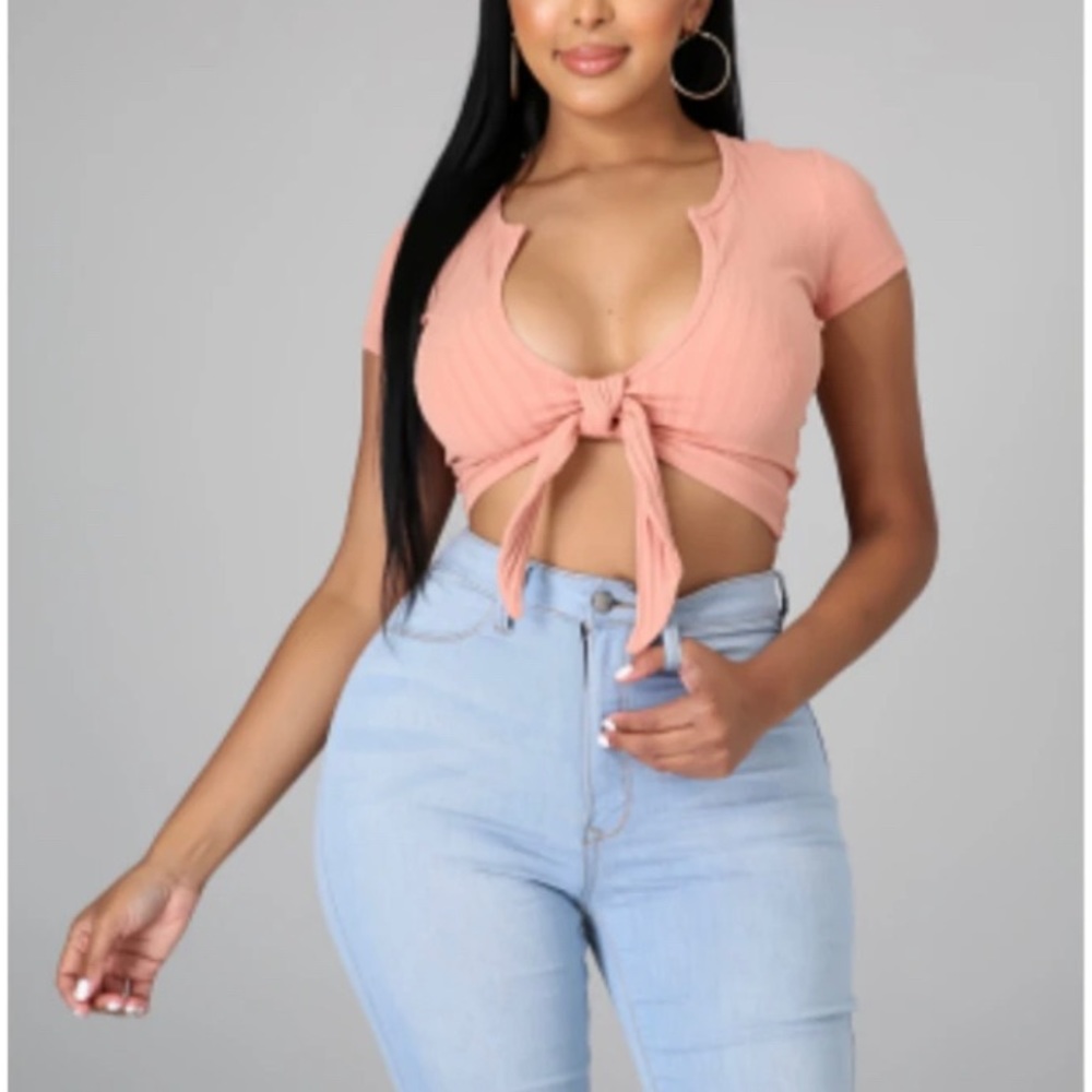 Coral Ribbed Self Tie Crop Top